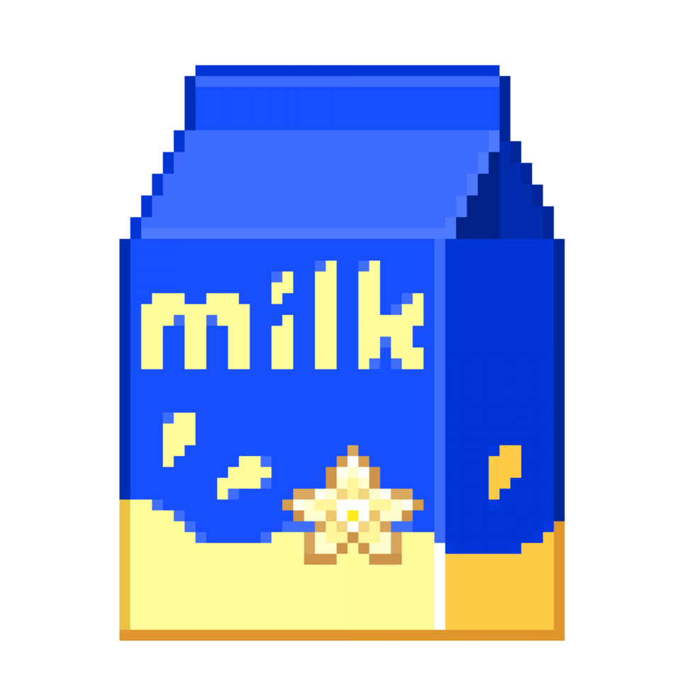 An 8-bit retro-styled pixel-art illustration of a blue vanilla milk carton. png