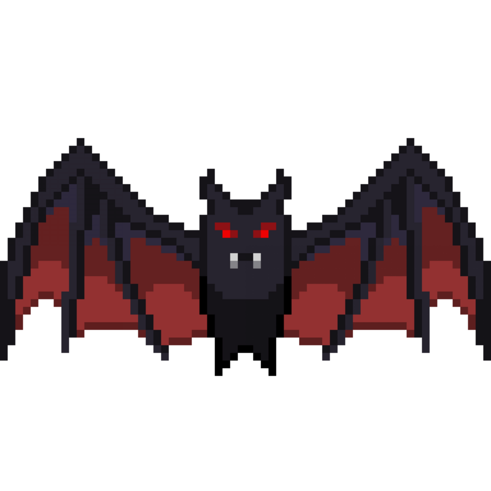 An 8-bit retro-styled pixel-art illustration of a blood bat with red wings. png