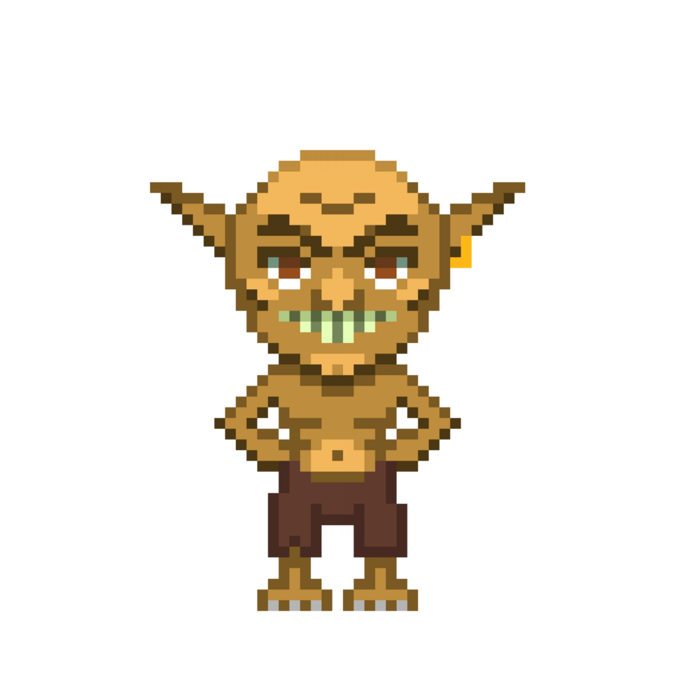 An 8-bit retro-styled pixel-art illustration of an orange goblin. png