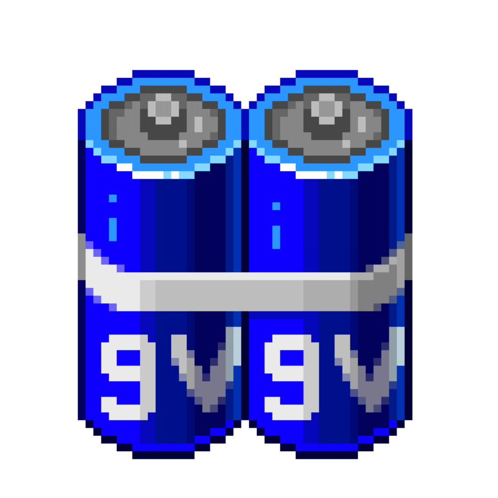 An 8-bit retro-styled pixel-art illustration of a 9 volt battery. png