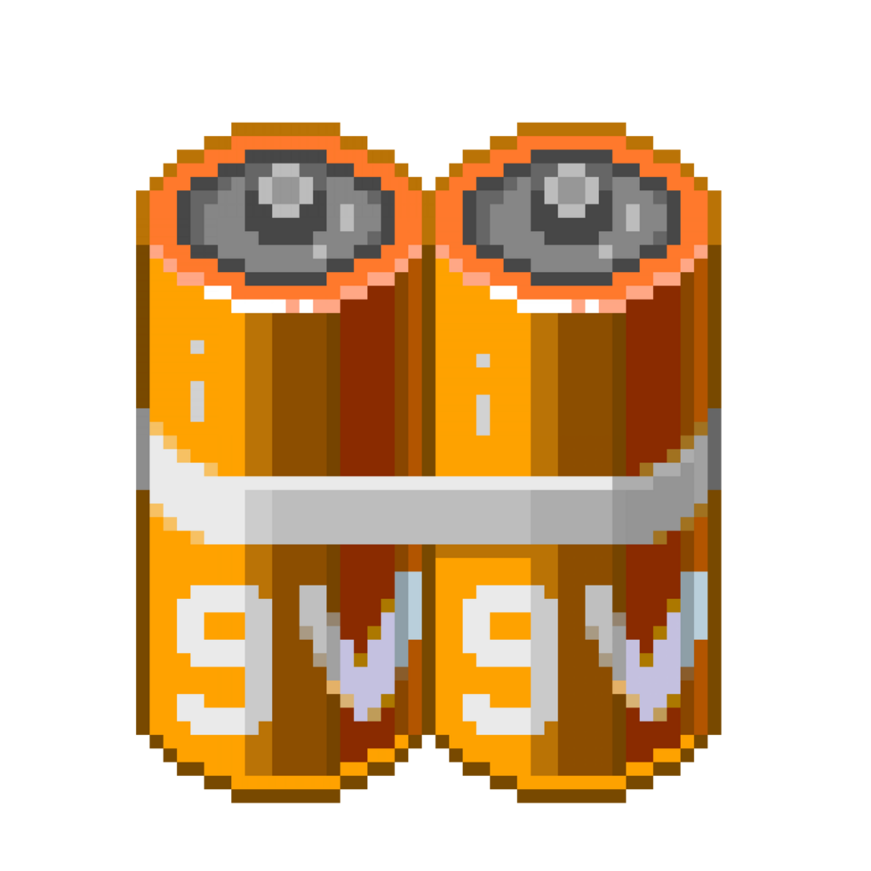 An 8-bit retro-styled pixel-art illustration of a yellow 9 volt battery. png