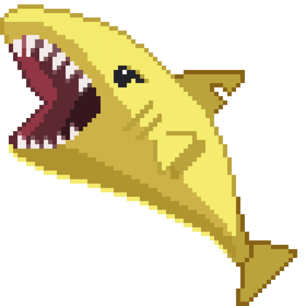 An 8-bit retro-styled pixel-art illustration of a golden shark. png