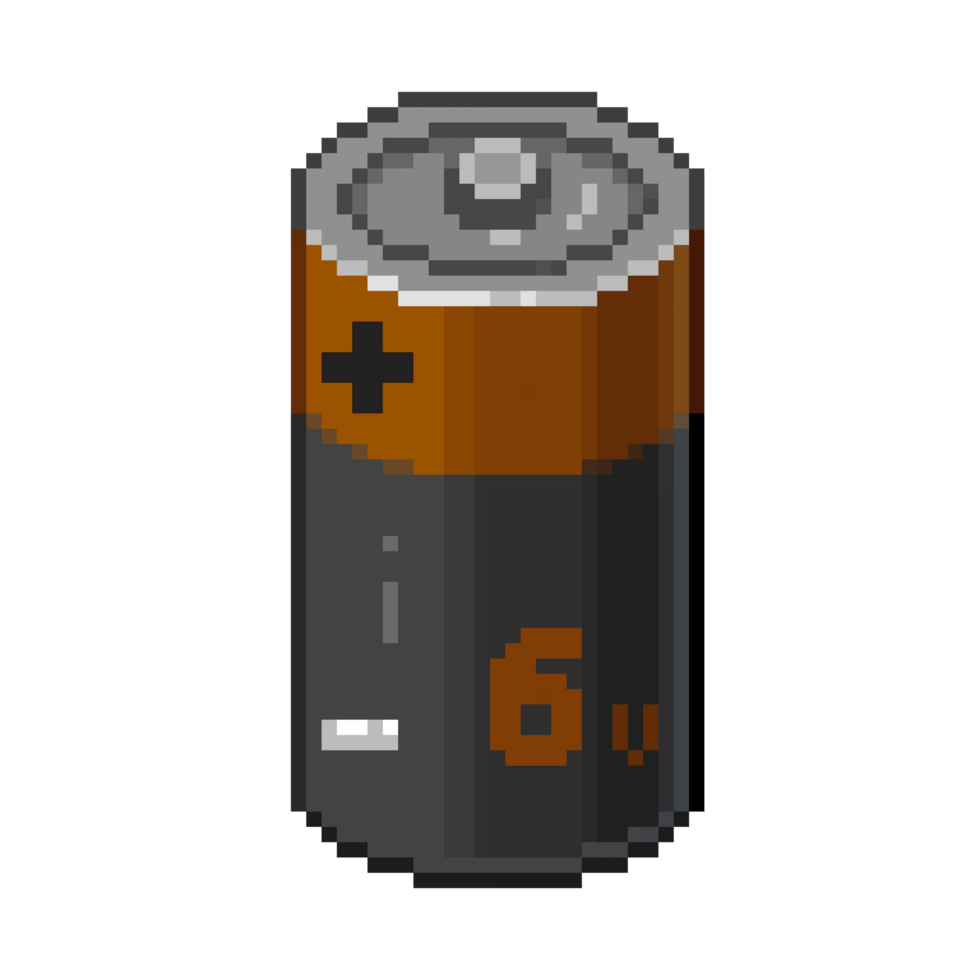 An 8-bit retro-styled pixel-art illustration of a six volt battery. png