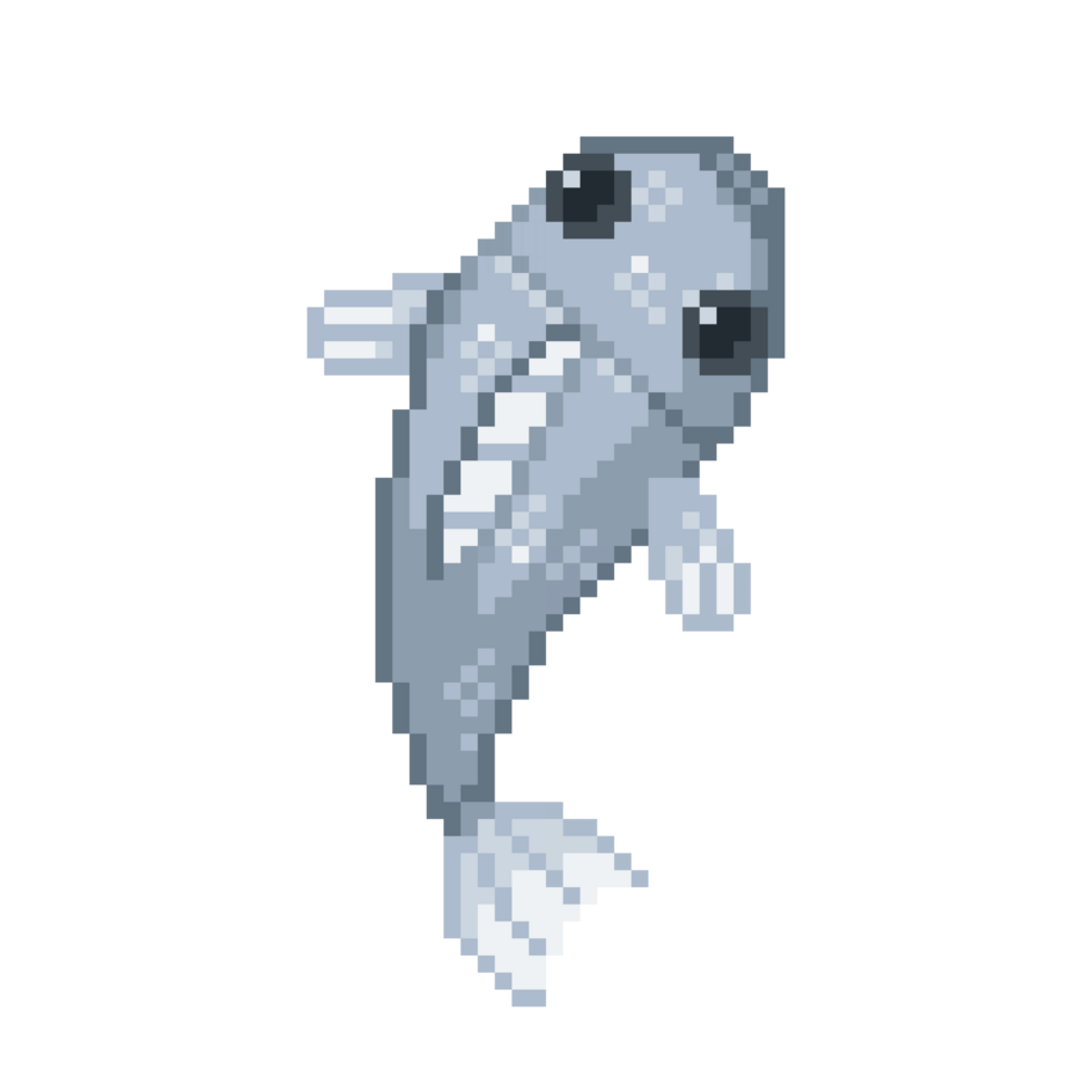 An 8-bit retro-styled pixel-art illustration of a gray fish. png