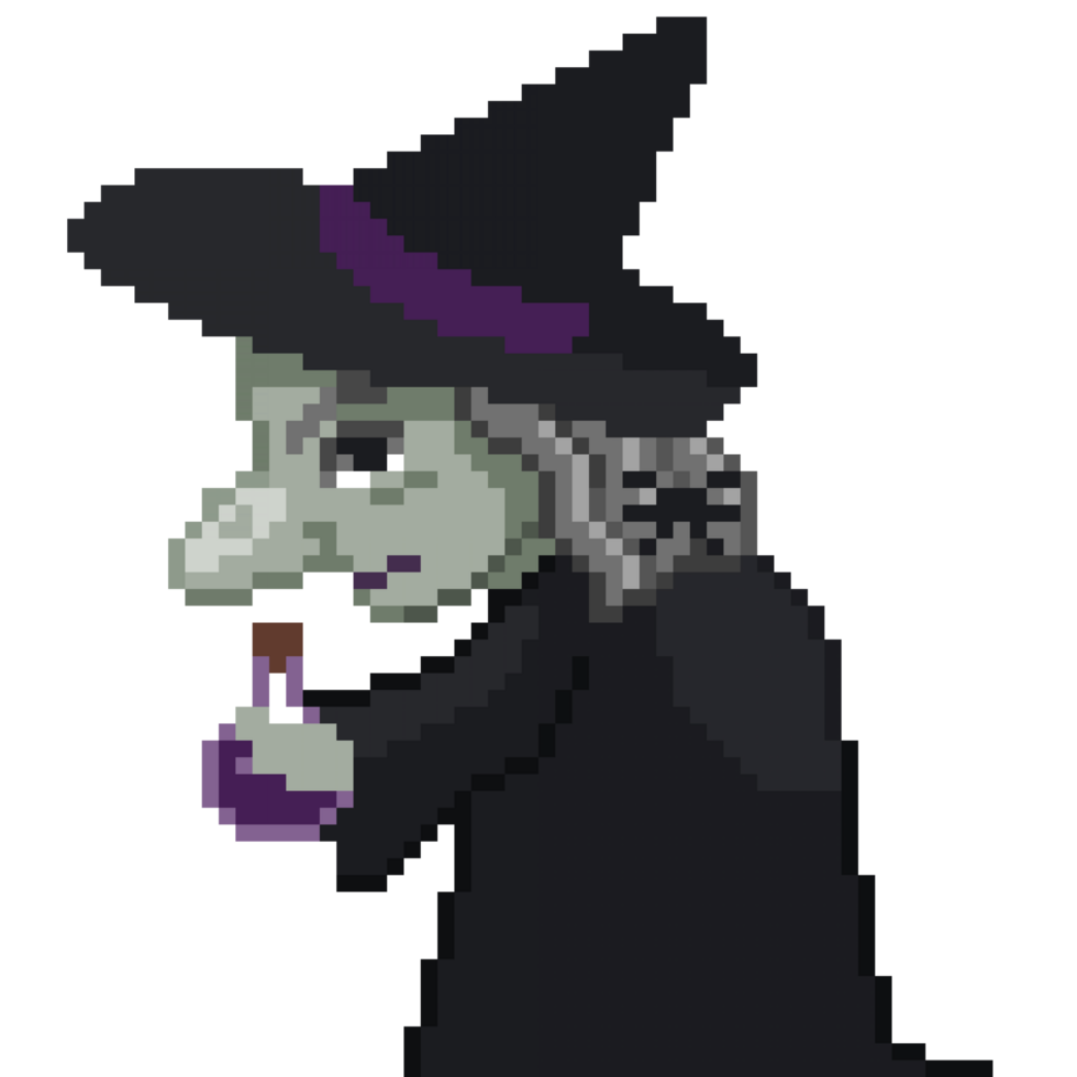 An 8-bit retro-styled pixel-art illustration of a witch with a pale white face holding a magical purple potion. png