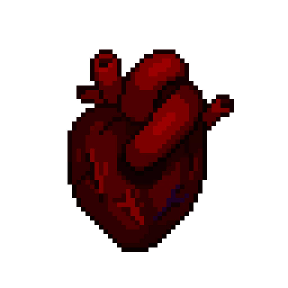 An 8-bit retro-styled pixel-art illustration of a dark and corrupt heart. png