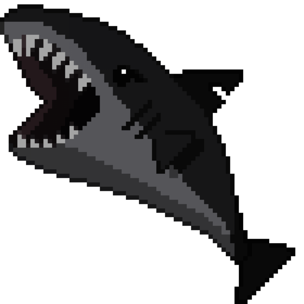 An 8-bit retro-styled pixel-art illustration of a black shark. png