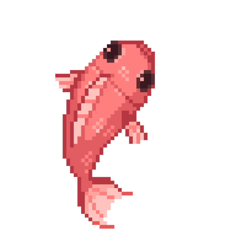 An 8-bit retro-styled pixel-art illustration of a red fish. png