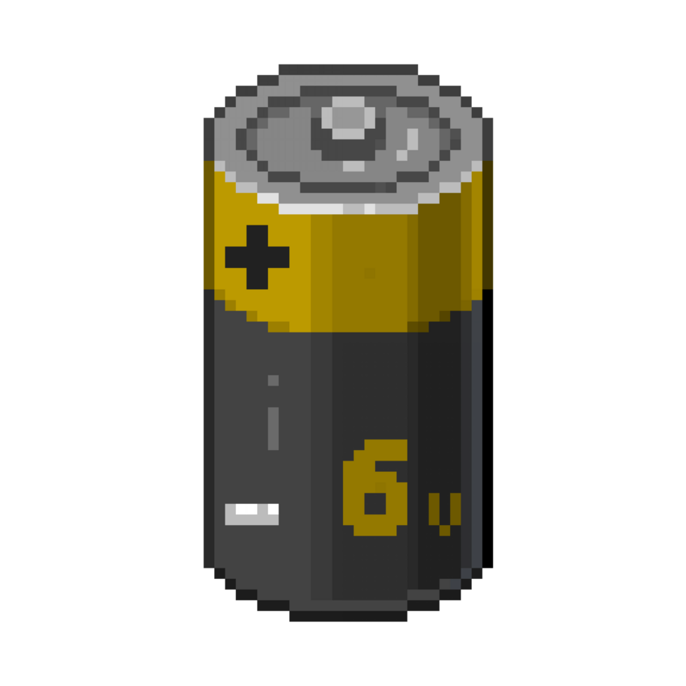 An 8-bit retro-styled pixel-art illustration of an orange 6 volt battery. png