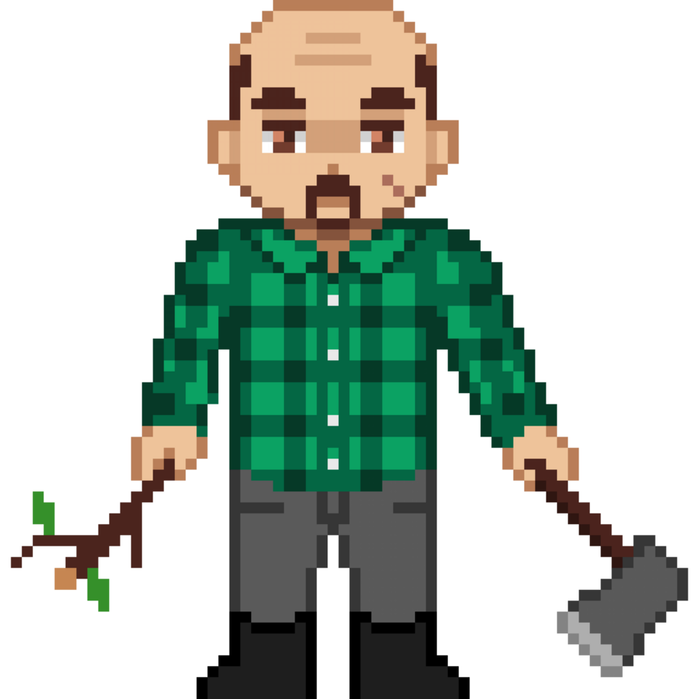 An 8-bit retro-styled pixel-art illustration of a lumberjack. png