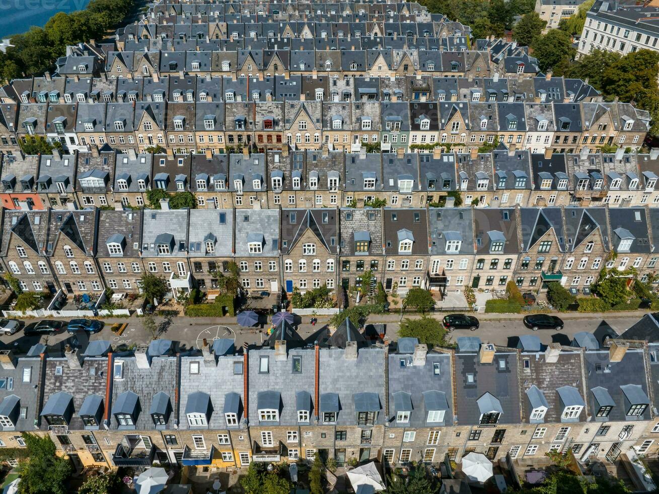Aerial view of the rooftops of Kartoffelraekkerne neighborhood, in Oesterbro, Copenhagen, Denmark. photo