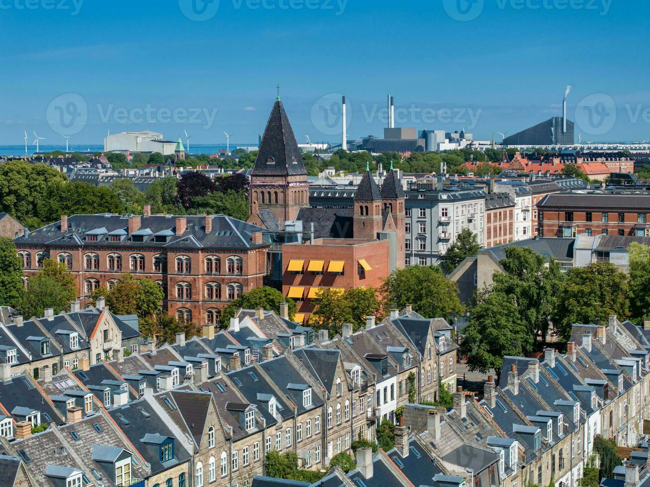 Aerial view of the rooftops of Kartoffelraekkerne neighborhood, in Oesterbro, Copenhagen, Denmark. photo