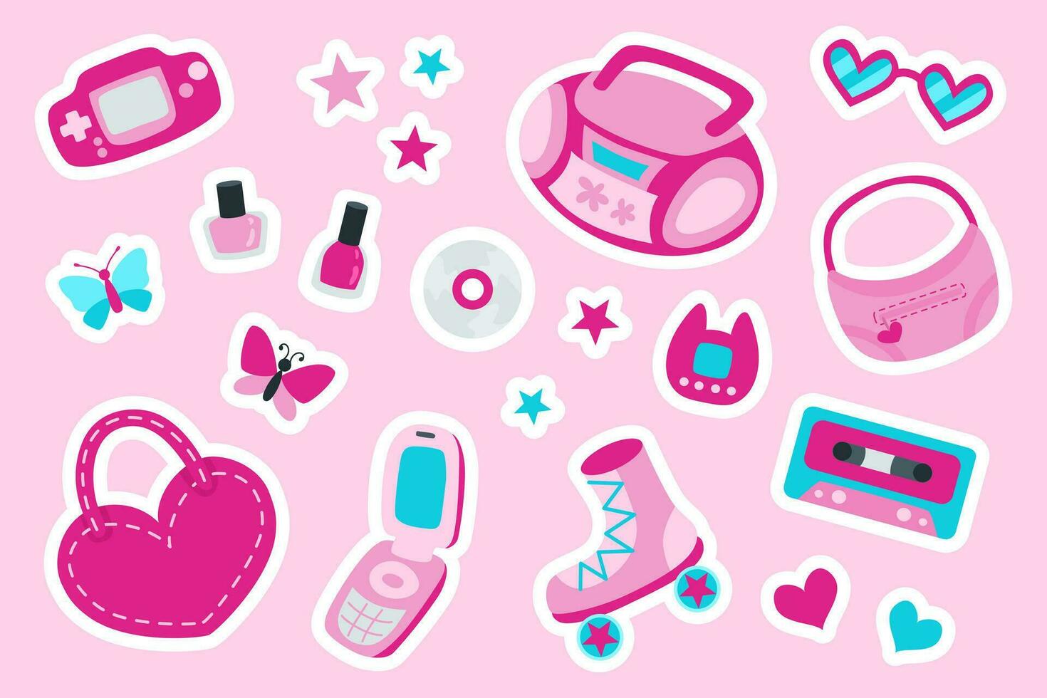 90s 00s pink set of classic elements in modern flat cartoon style. Girly stickers. vector