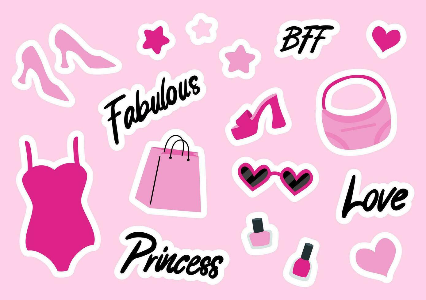 Set of cute trendy girlish pink stickers. Pink bag, swimsuit, shoes, sunglasses and nail polish. Lettering fabulous, princess, bff, love. vector