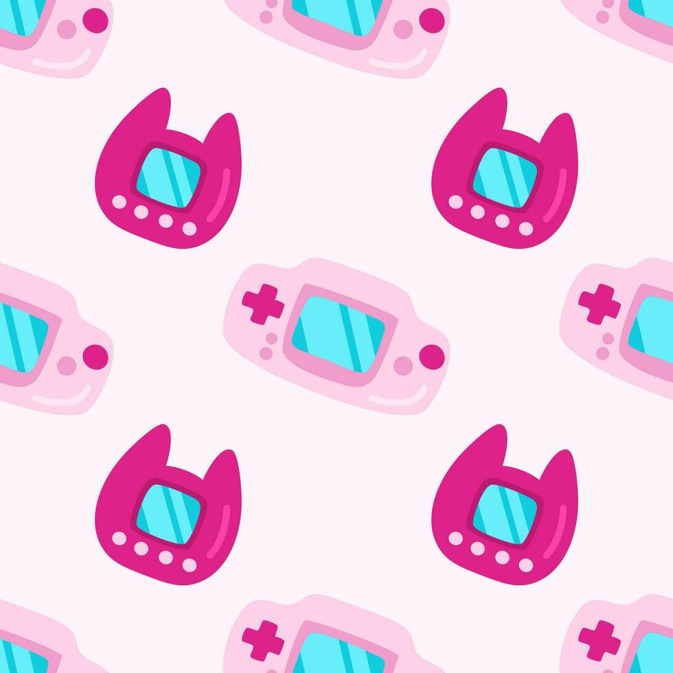 90s 00s seamless pattern game console and japanese toy in flat cartoon style. Pink background computer games, pop art. vector