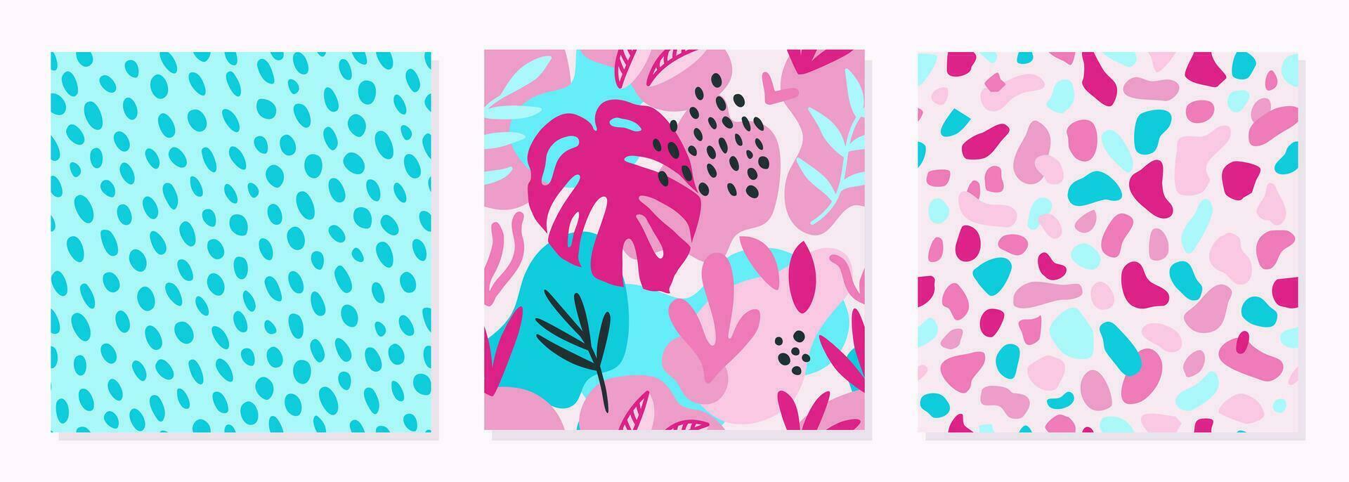 Set of trend seamless patterns in barbiecore style. Pink and blue abstracts dots background. Tropical exotic pattern for paper, fabric, interior vector