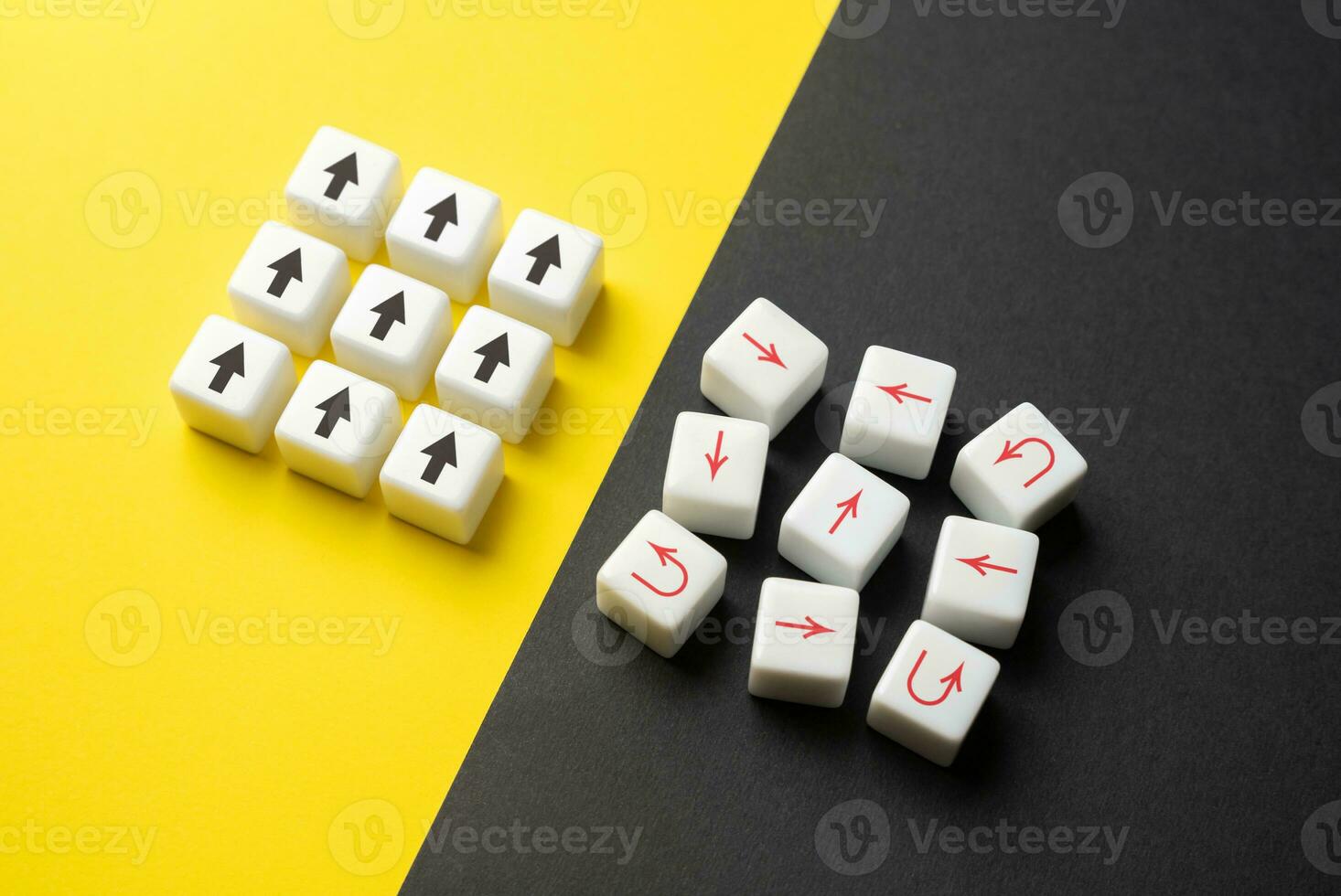 Confidence and uncertainty. Concept of insecurity and disunity. Communication and coordination. Be efficient, productive, and cohesive. Well and poorly organized groups photo