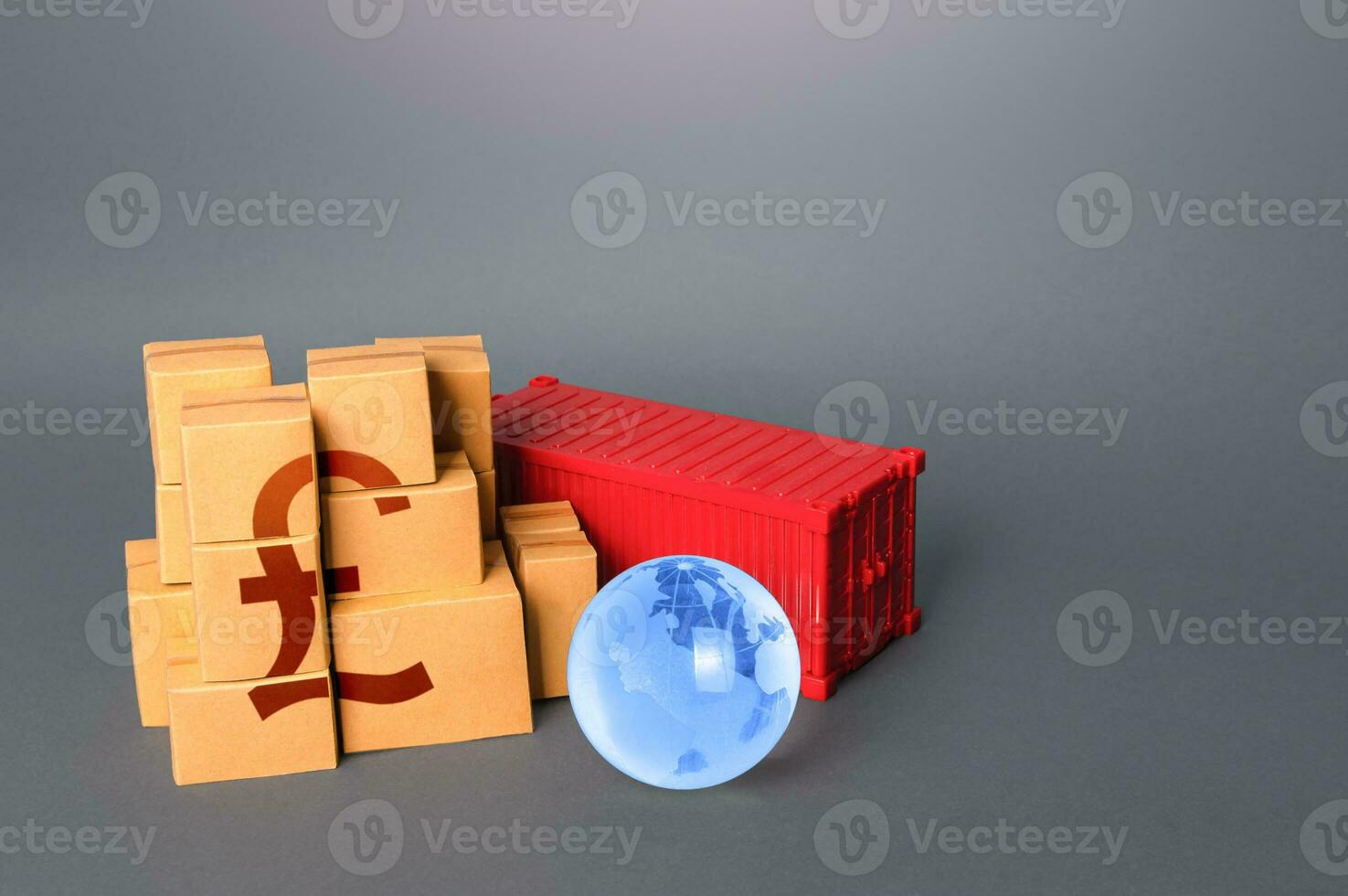 Boxes of goods and british pound sterling symbol. World trade economy. Production, warehousing storage and shipping logistics. Manufacture freight and sale of products. Markets. Business globalization photo