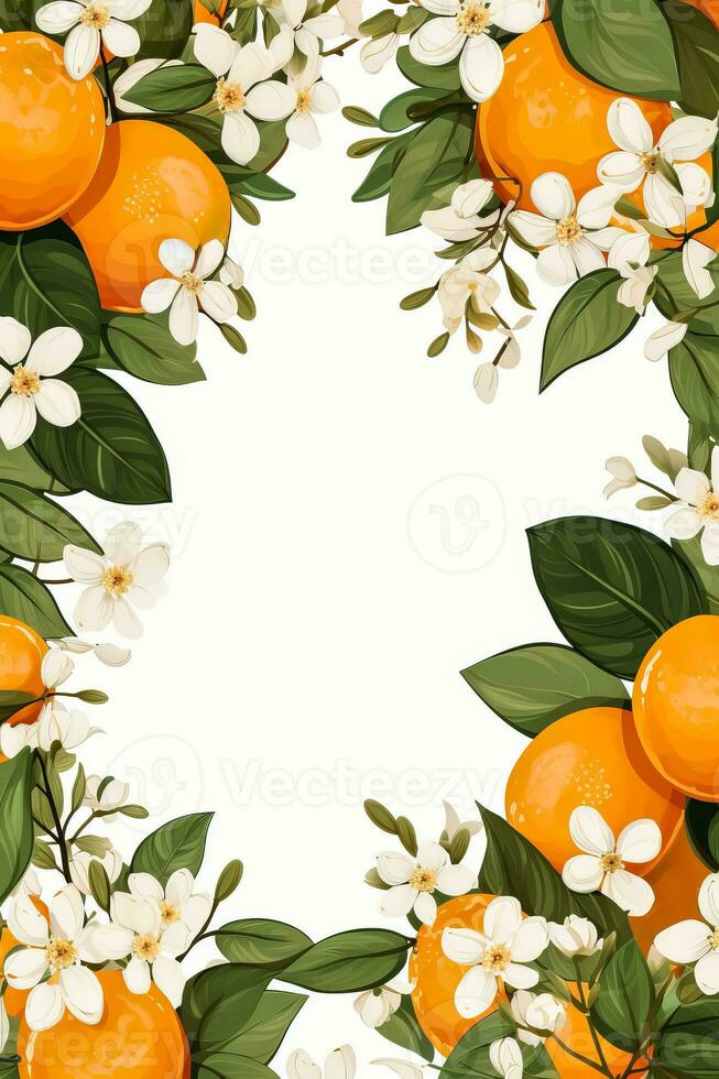 Oranges with flowers and leaves illustration background with empty space for text photo