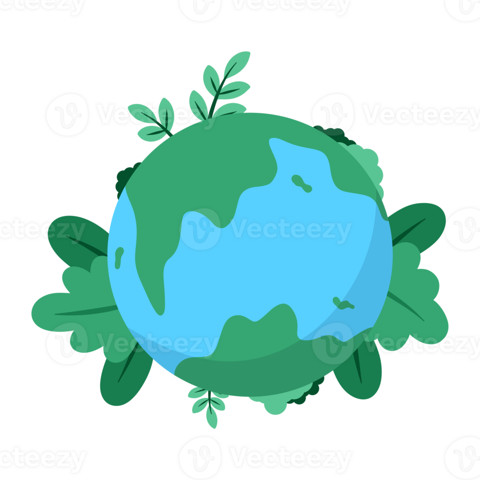 Globe planet earth with leaves flat illustration png