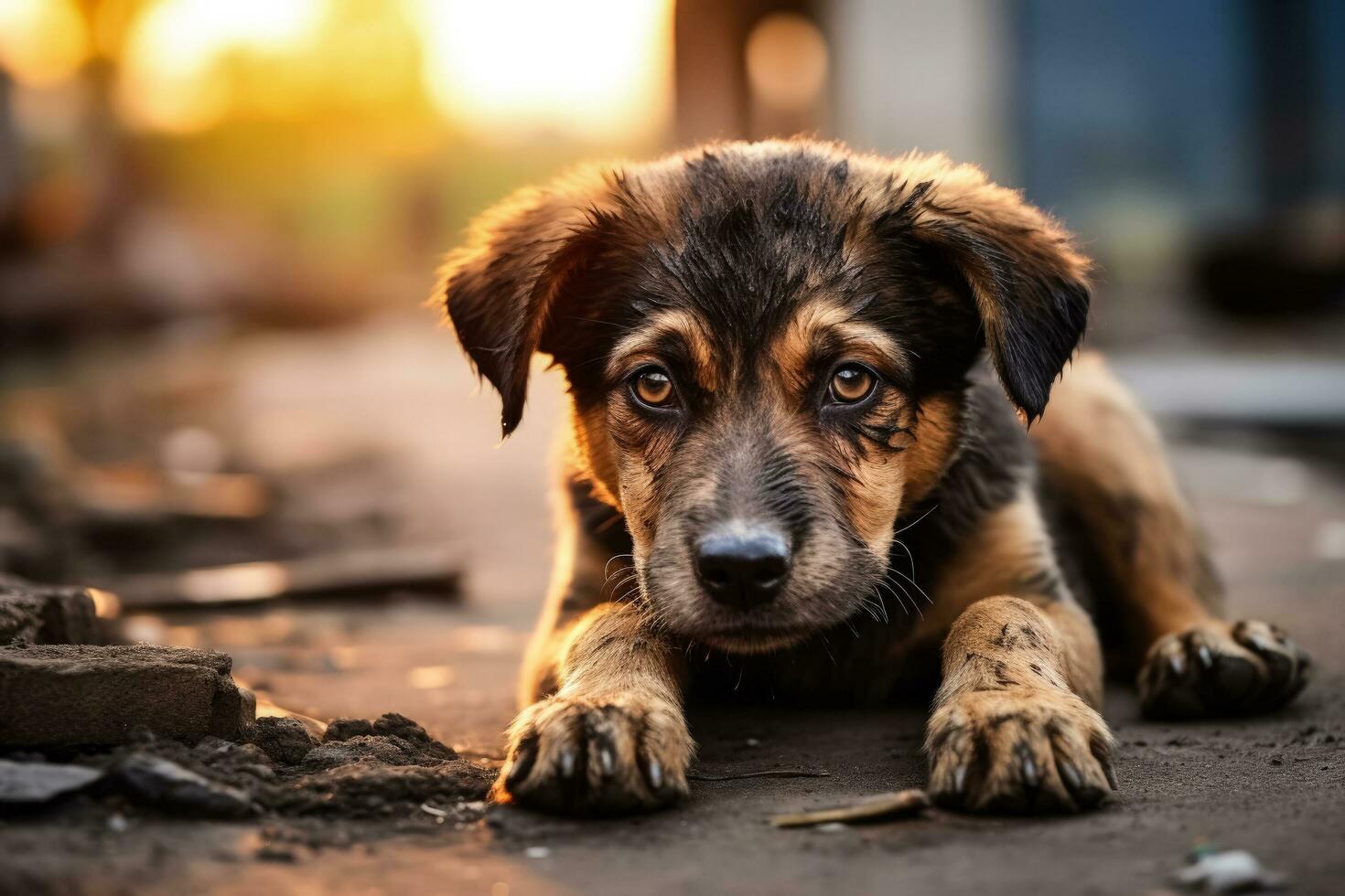 triste y Vagabundo perro. un triste y Vagabundo perro abandonado en el calles foto