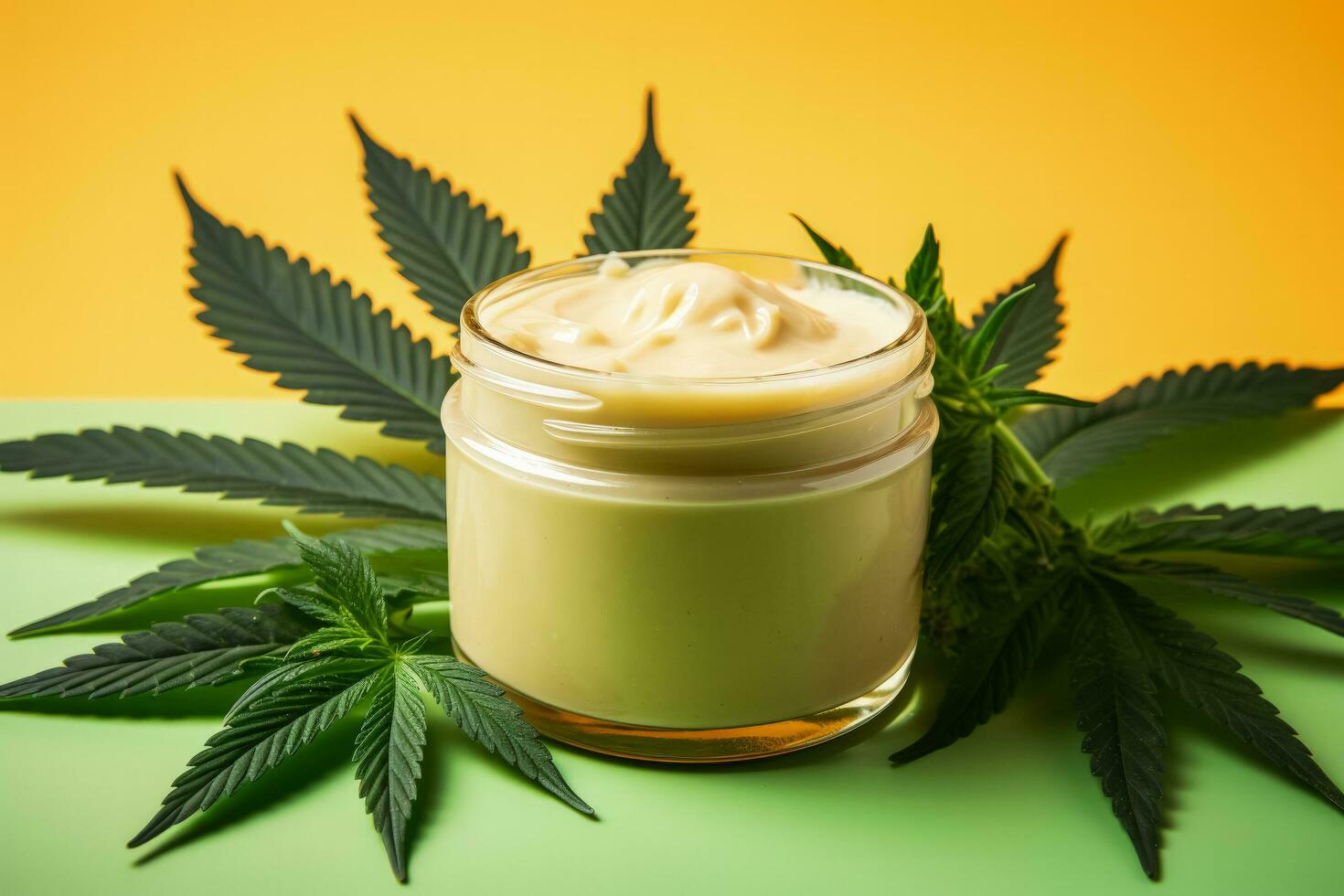 Cream with cannabis isolated on pastel background photo