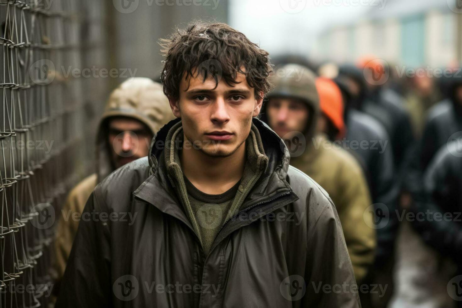 Immigration to Germany young men standing at the border fence photo