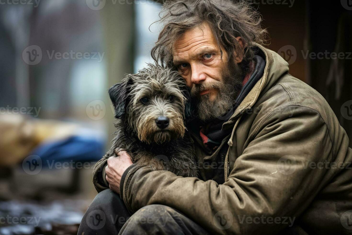 Homeless man with dog photo