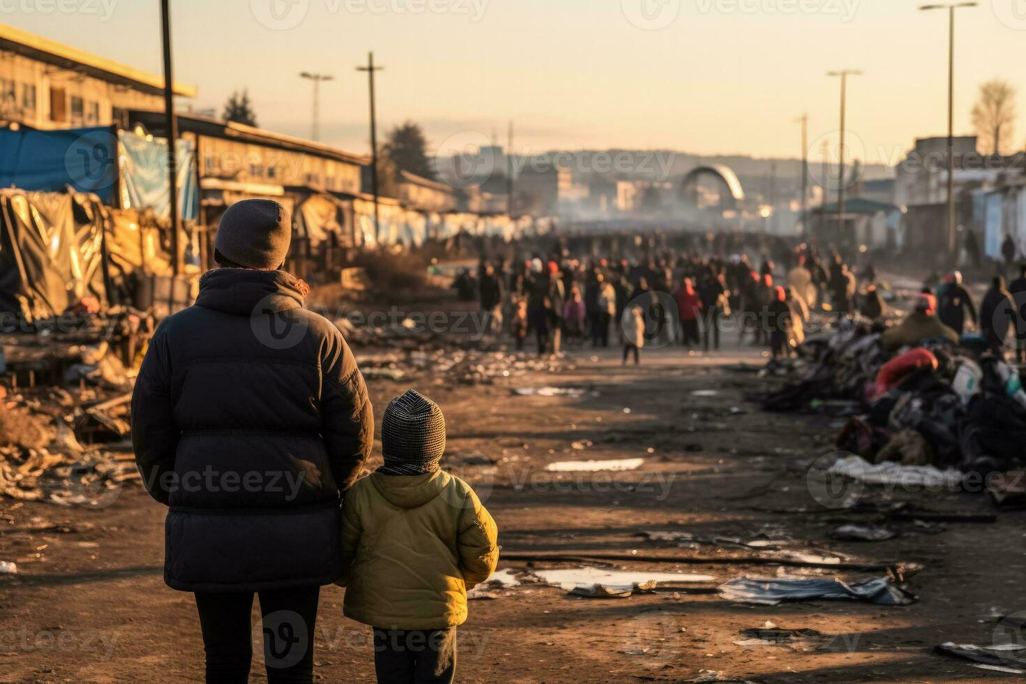 Crowd of refugees view from the back with staff and children photo