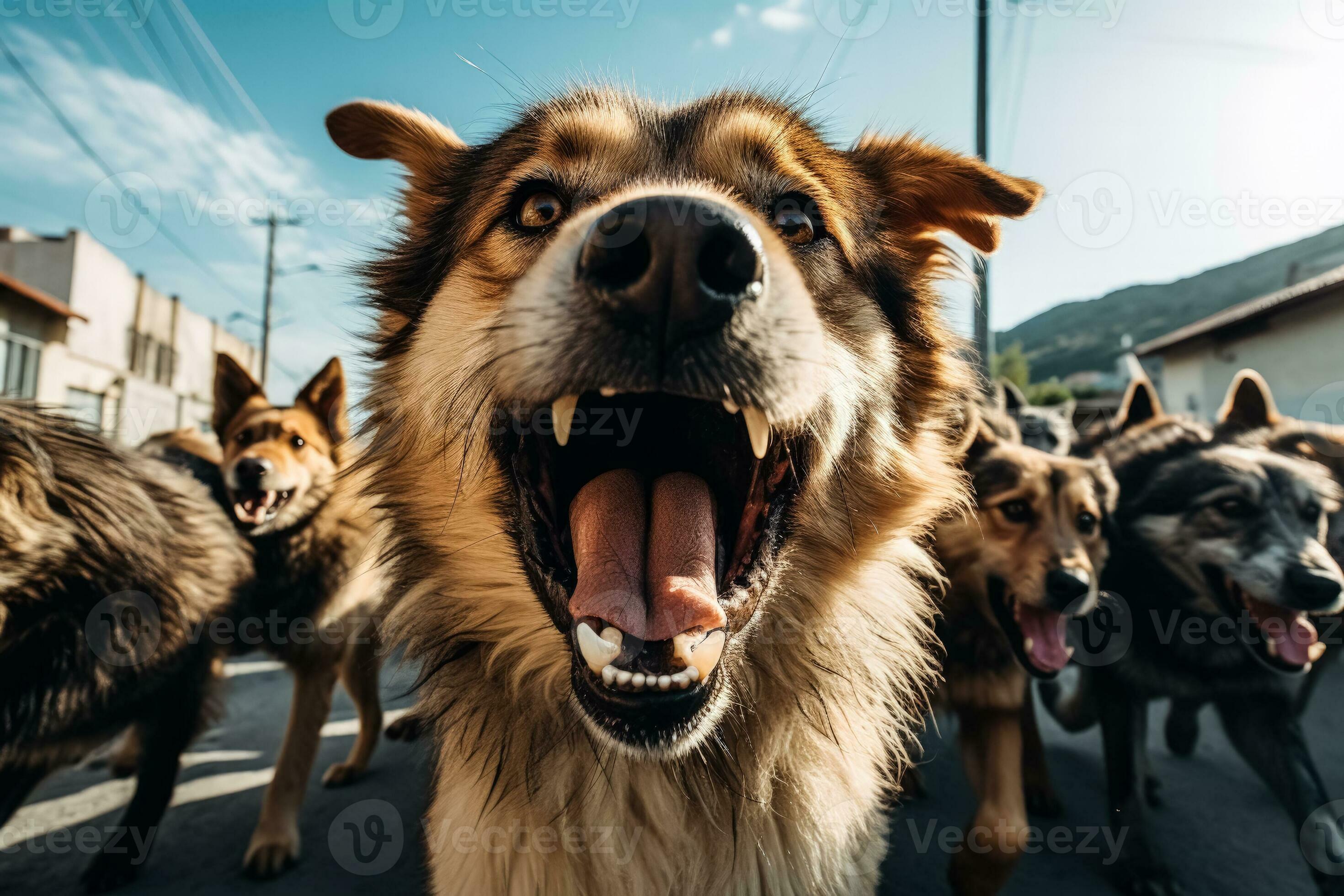 Scary pack of aggressive stray dogs attacks stranger and barks loudly 27228957 Stock Photo at