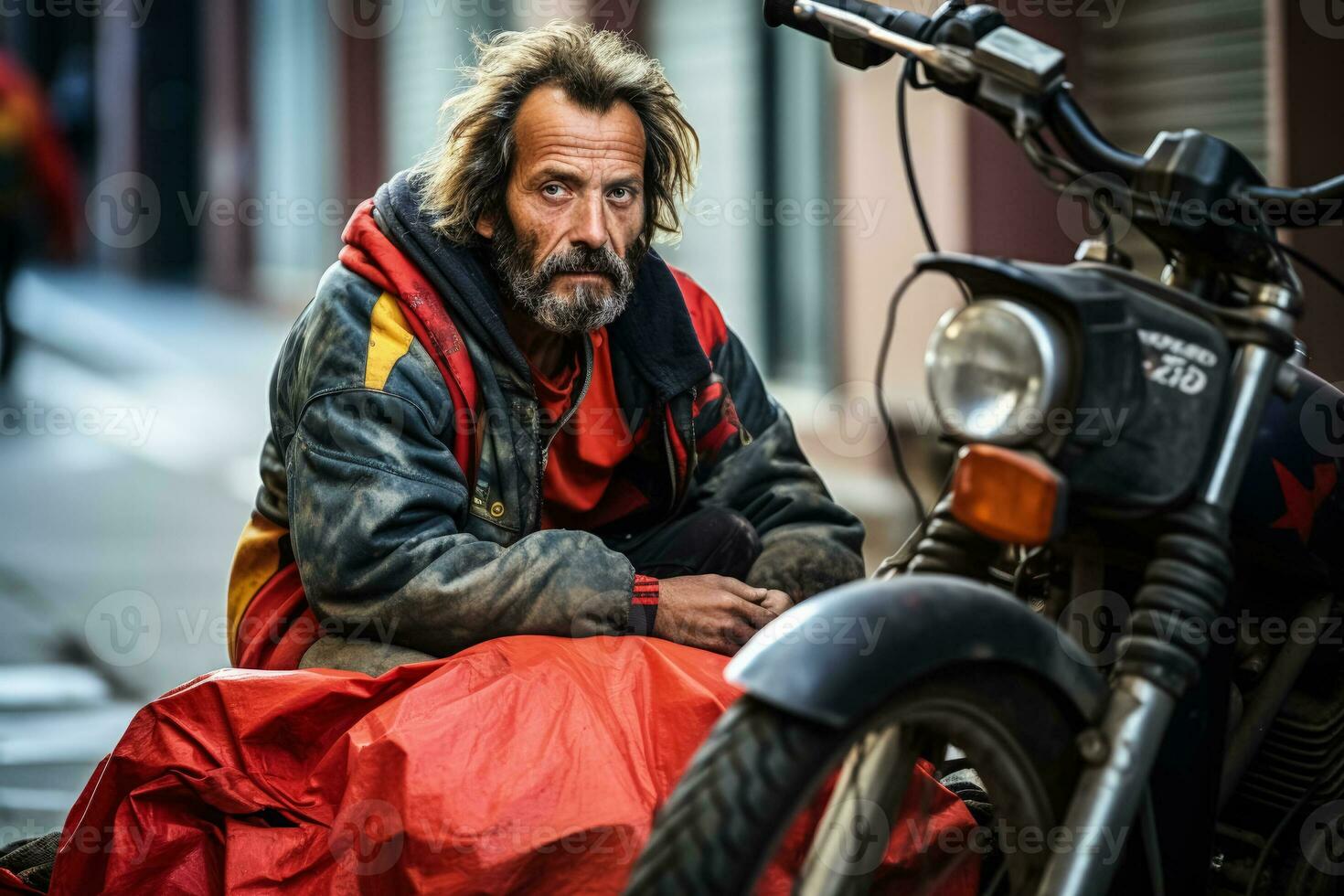 Homeless man sleeps on the pavement in the Spain hiding behind the Spanish flag photo