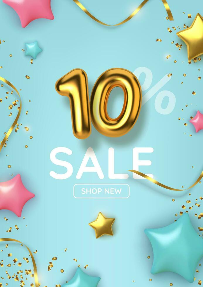 10 off discount promotion sale made of realistic 3d gold balloons with stars, sepantine and tinsel. Number in the form of golden balloons.  Vector