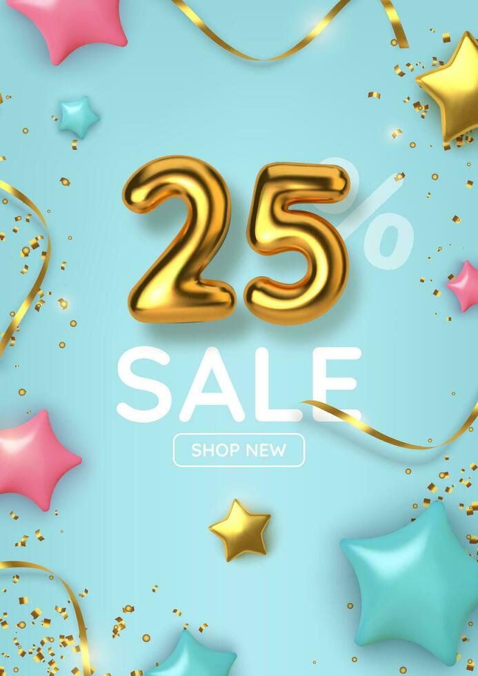 25 off discount promotion sale made of realistic 3d gold balloons with stars, sepantine and tinsel. Number in the form of golden balloons.  Vector