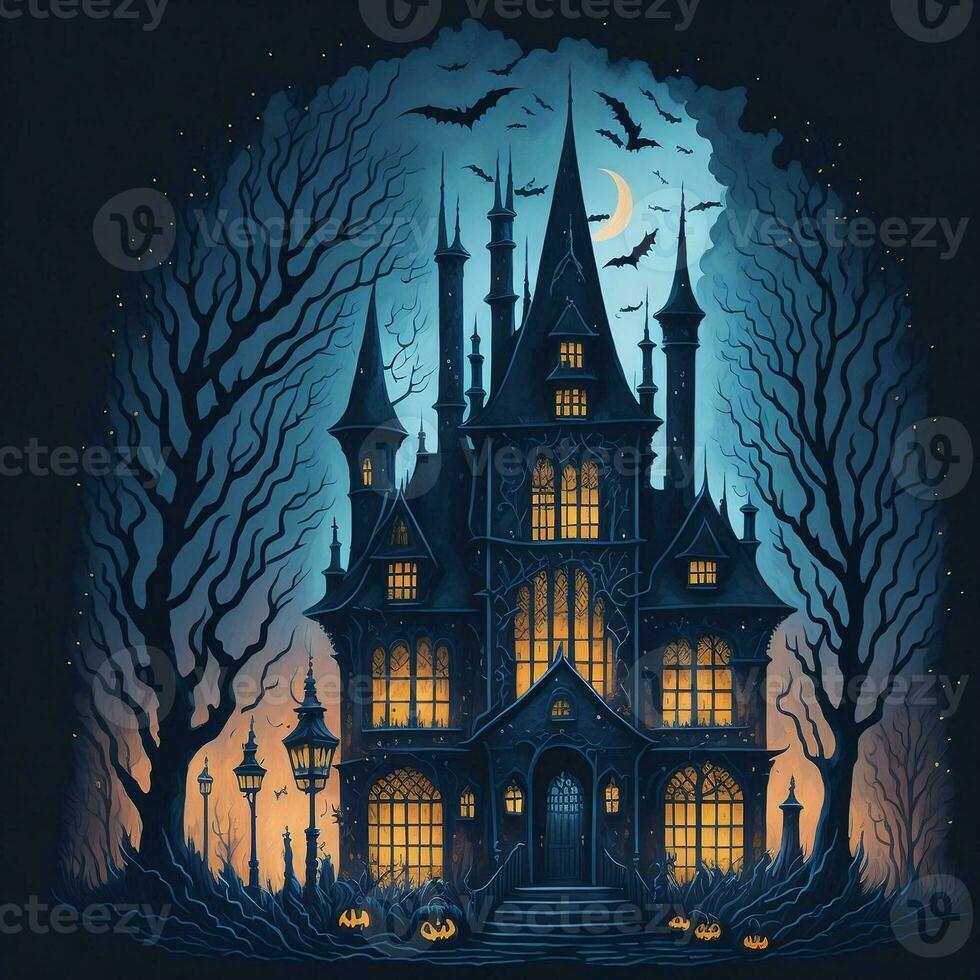 Fantastic black castle. Halloween scene horror background with spooky pumpkins of spooky mansion with halloween bats. Evil house at night. photo