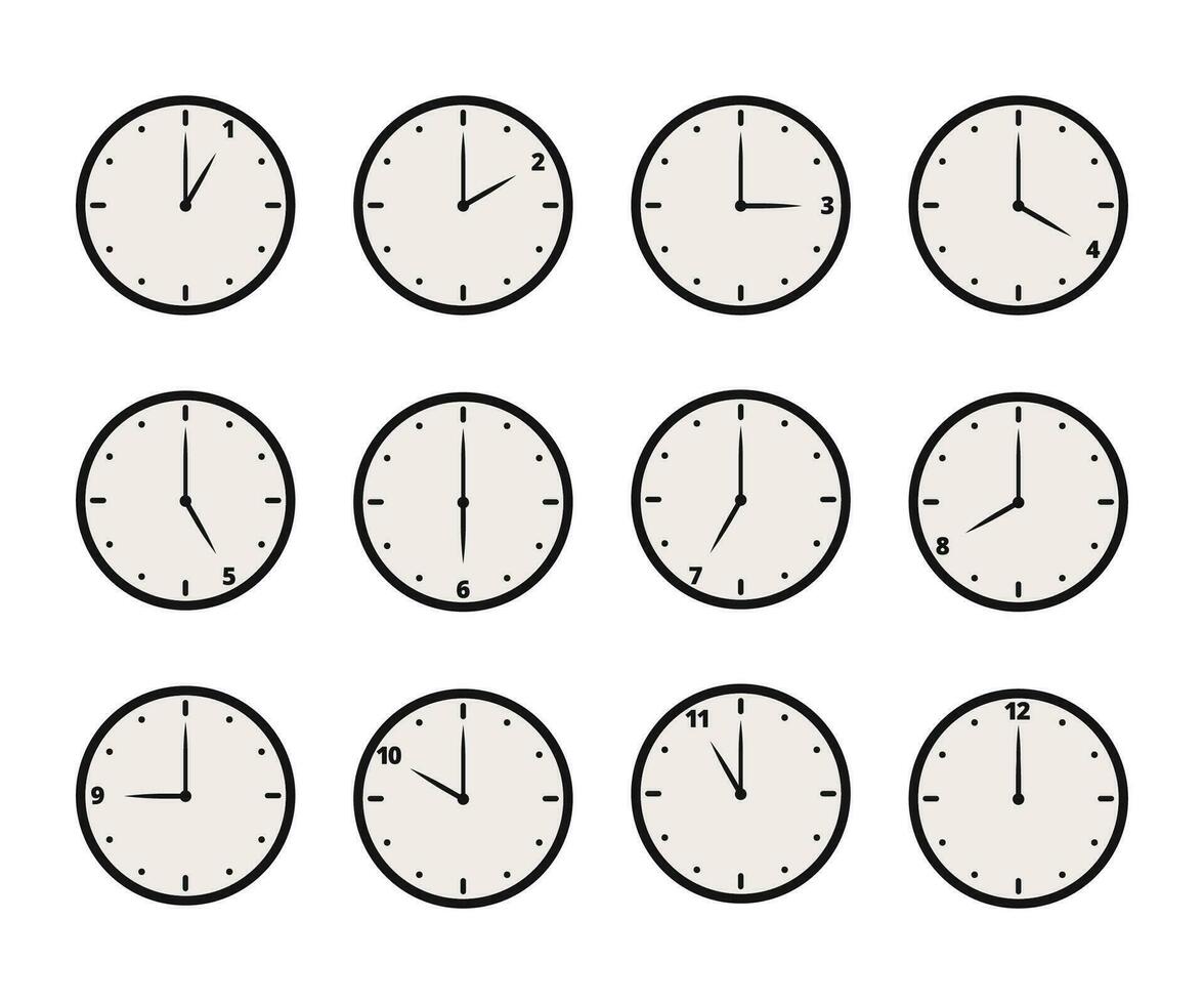 Set of analog clock icon for every hour. 12 hour clock vector