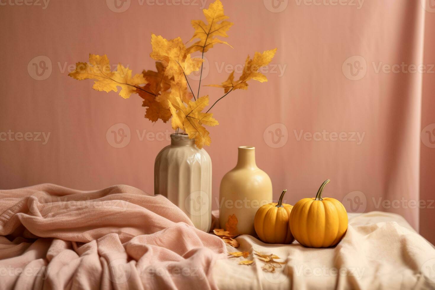 autumn still life with pumpkins and a vase of leaves, cozy atmosphere and pastel colors. ai generative photo