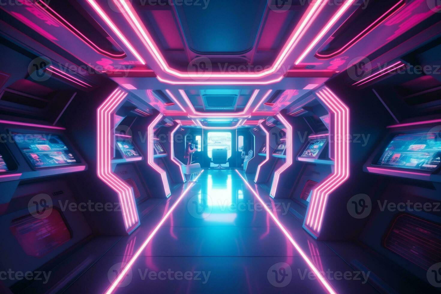 astronave interior con azul y rosado neón luces. tecnologías de el futuro. espacio viajar. ai generativo foto