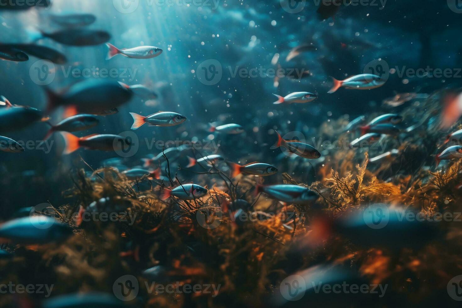 beautiful colorful swarm of fish in a colorful environment. ai generative photo