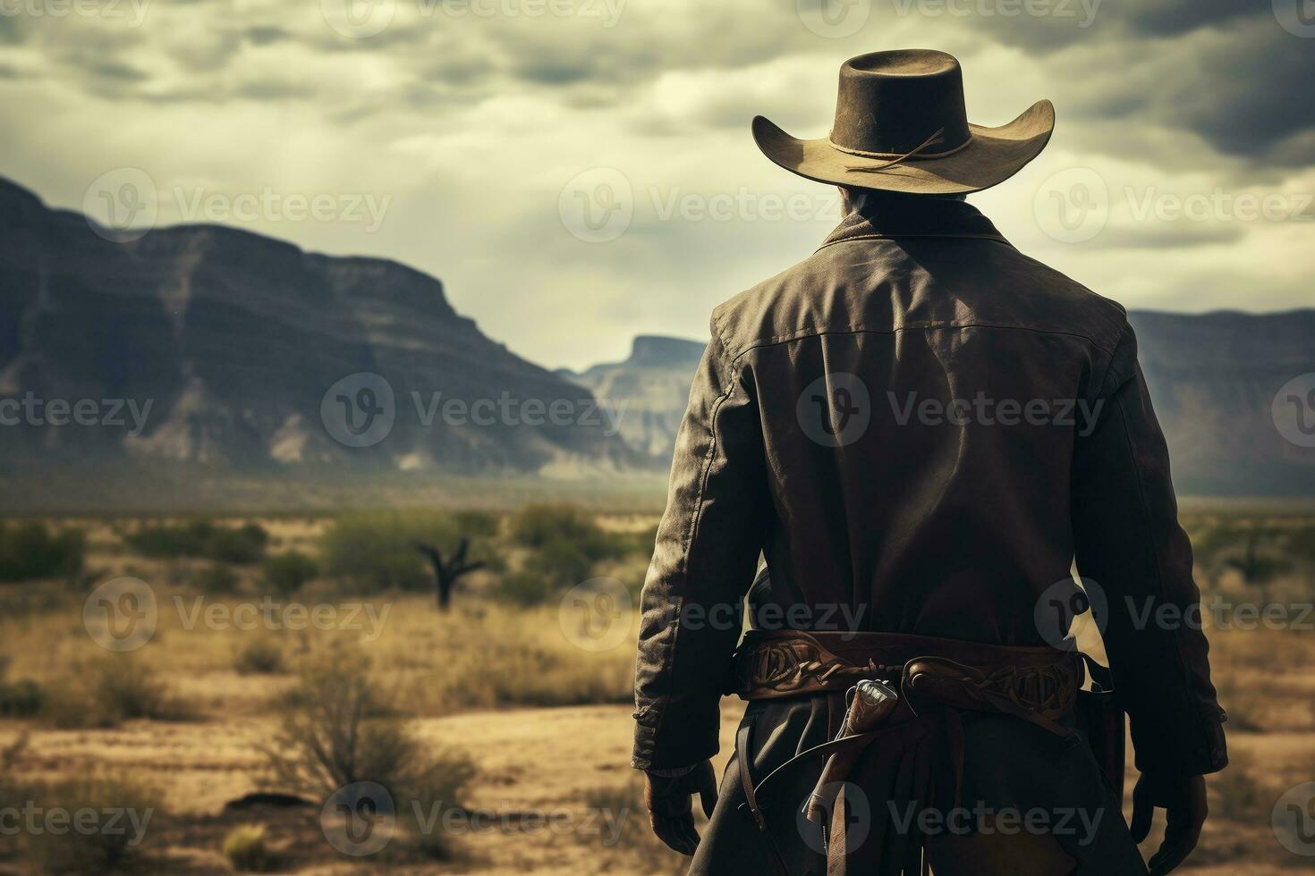 vaquero consiguiendo Listo para un tiroteo en el salvaje Oeste, espalda vista. ai generativo foto