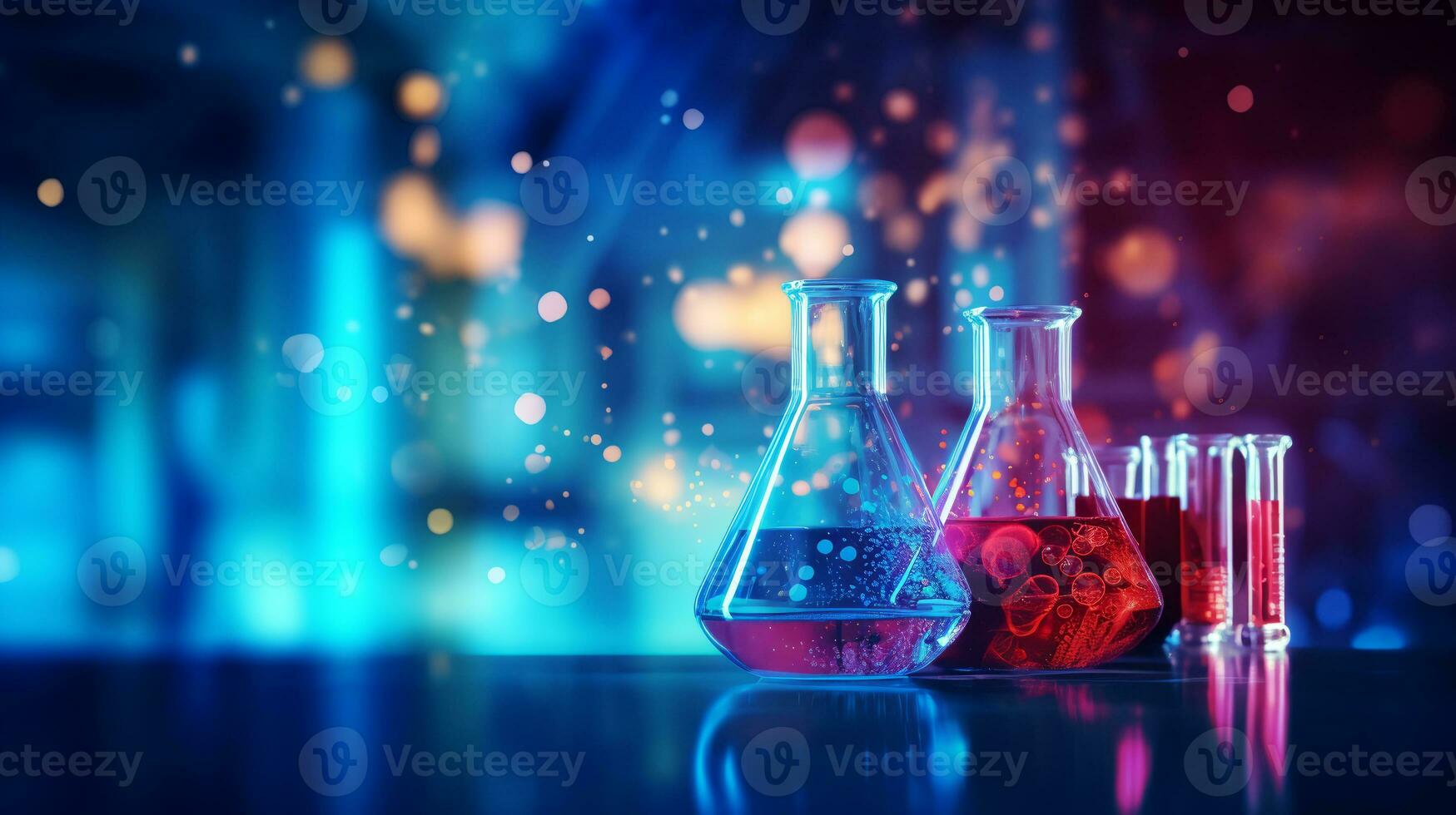 laboratory glassware in laboratory, blue red glass flask vial and chemical structure in research medical science technology background.ai generative photo