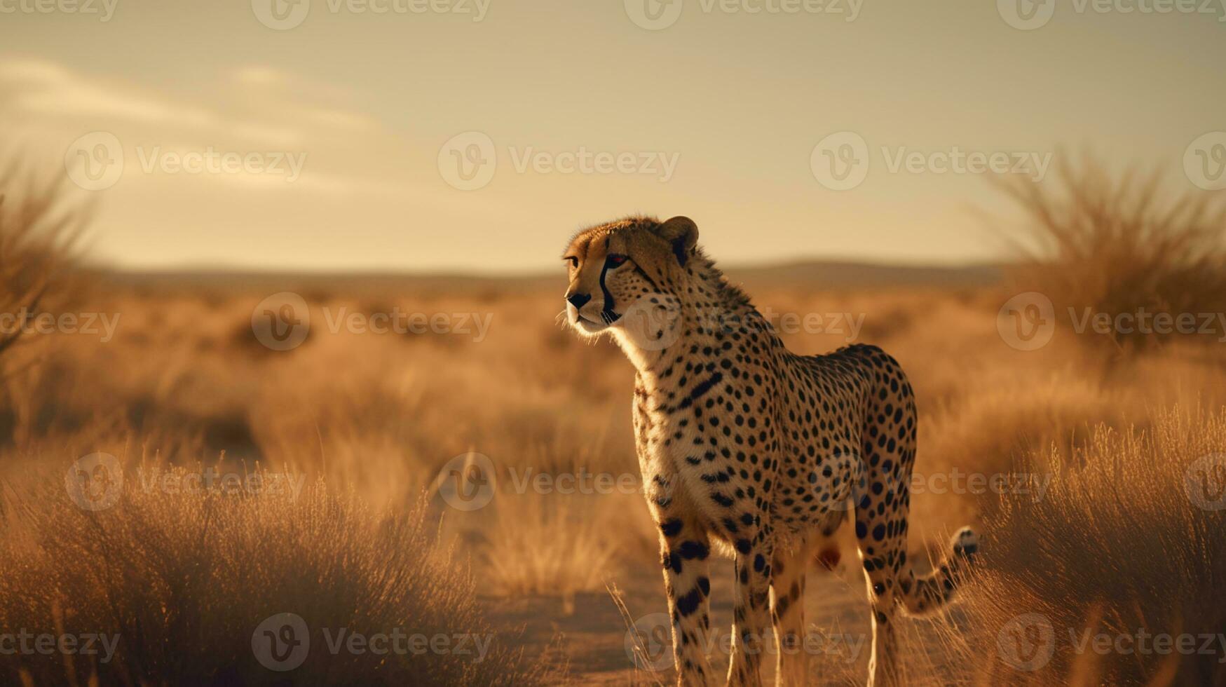 cheetah on the background of the African savannah, hot day, animals of Africa. ai generative photo