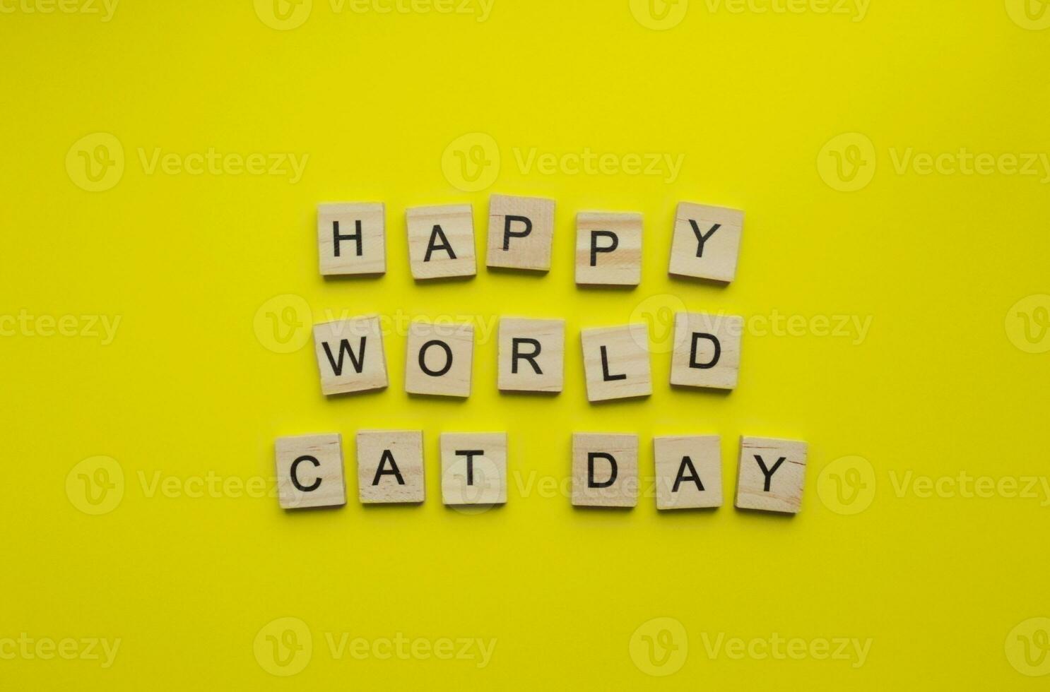 August 8, World Cat Day, minimalistic banner, inscription in wooden letters Happy World Cat Day photo