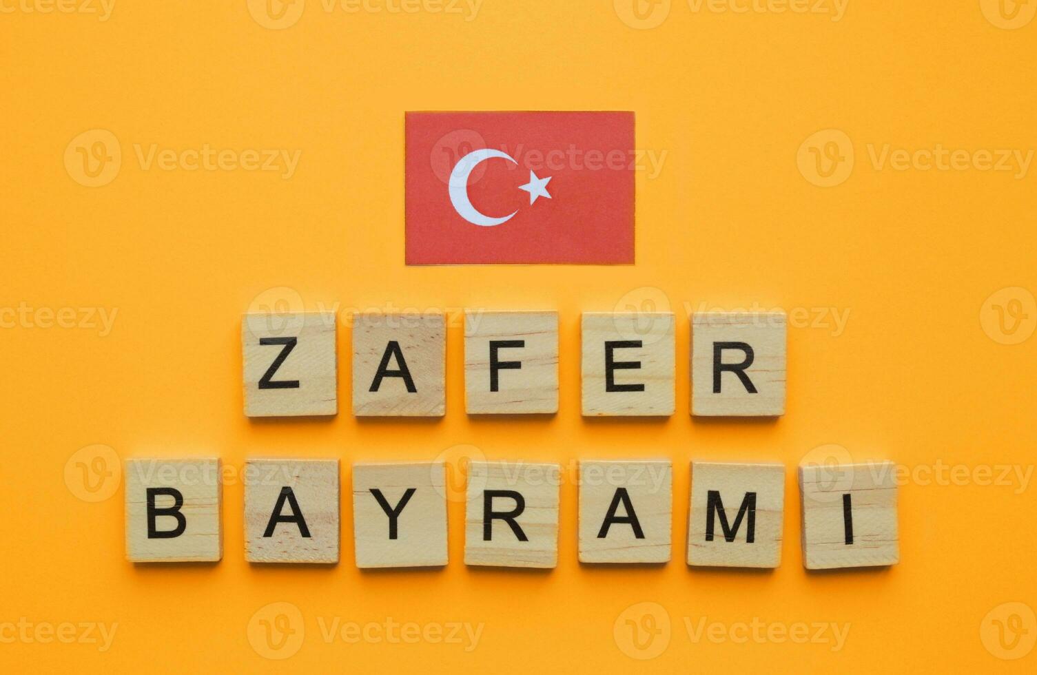 August 30, Turkey Victory Day, zafer bayrami, flag of Turkey, minimalistic banner with wooden letters photo