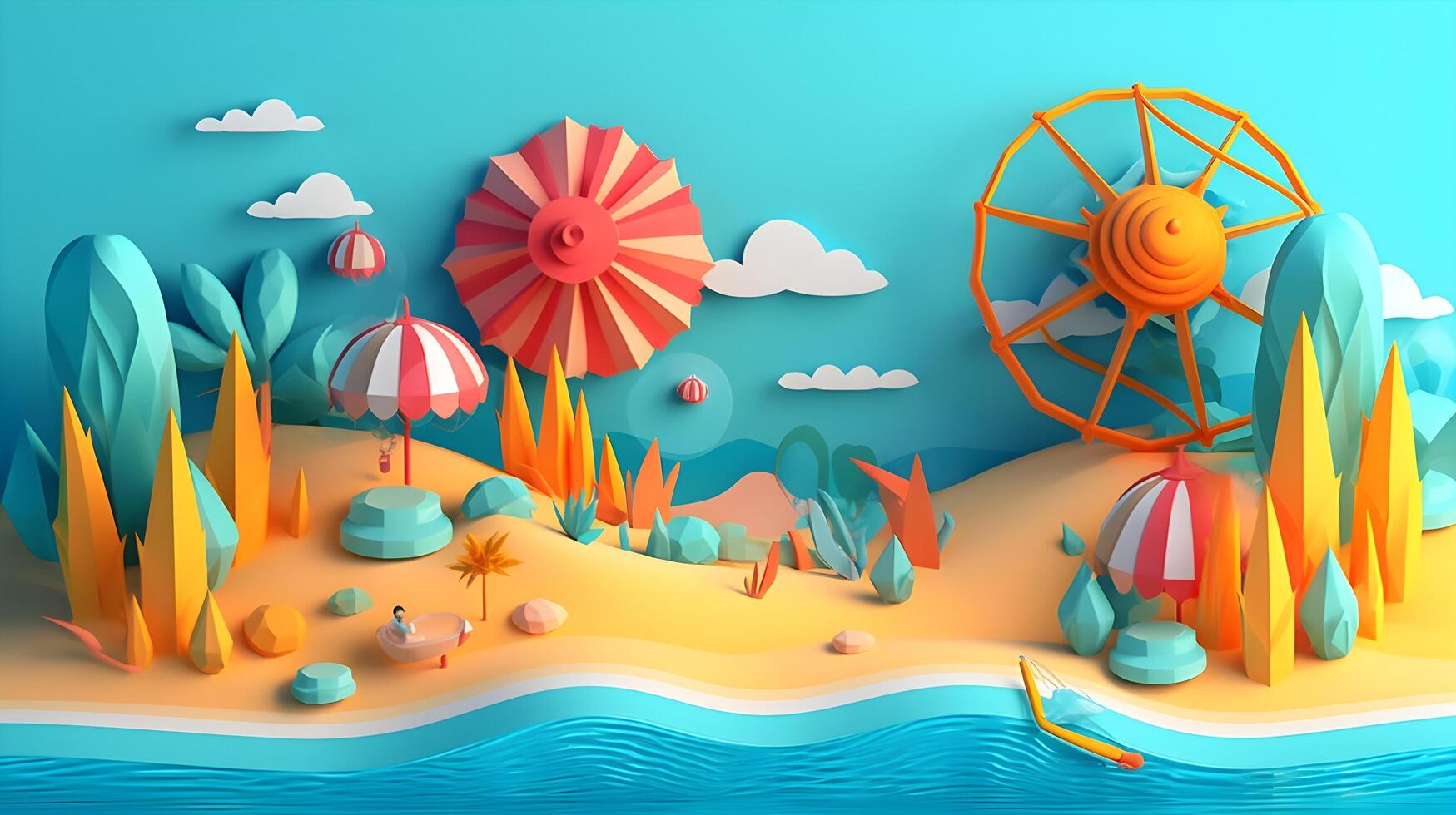 Sunny Paradise. Embrace the Vibrance of Summer in a Captivating 3D Vector Illustration. AI Generated photo