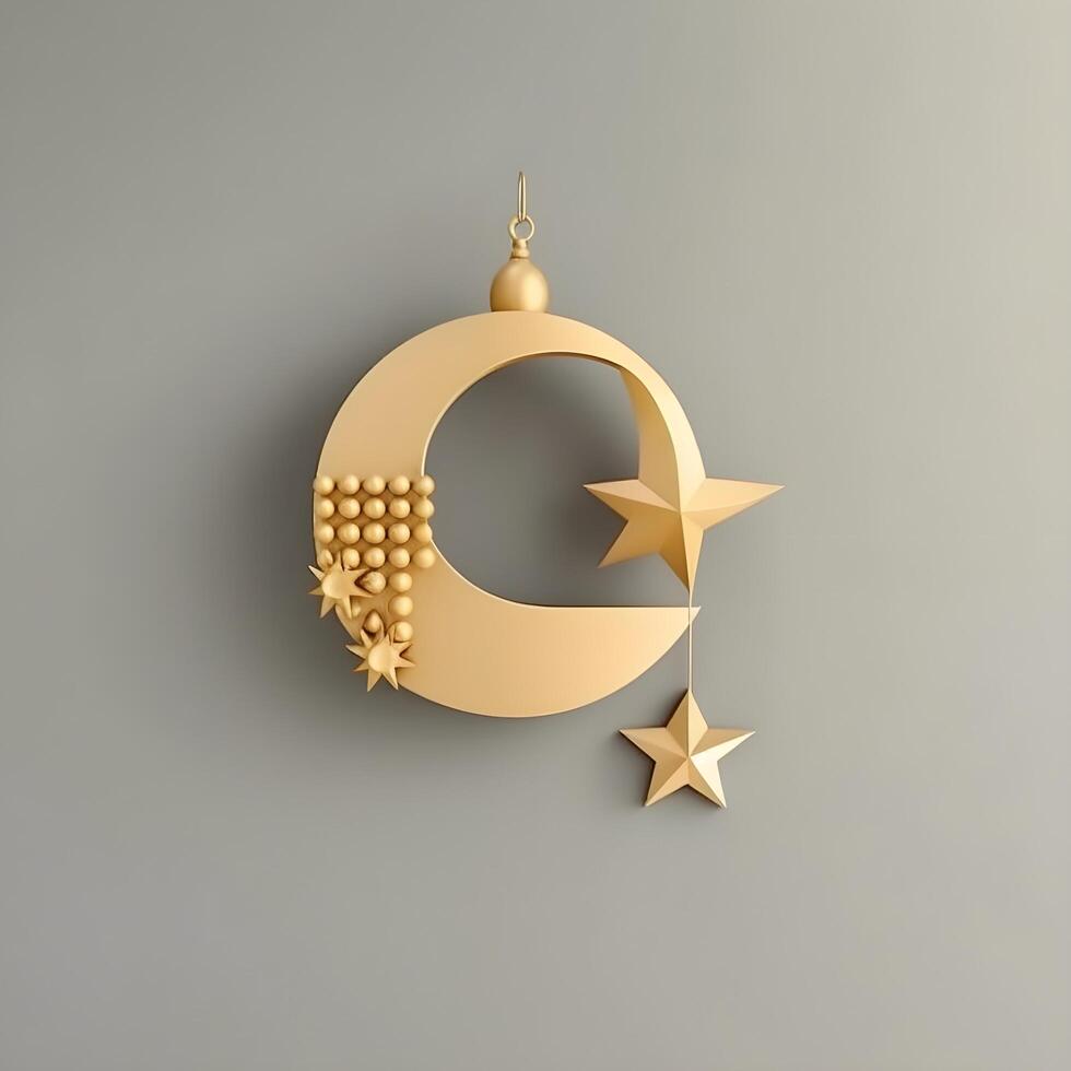 Cute 3D gold crescent, star, podium and little mosque illustration. Eid Mubarak Muslim decoration. photo