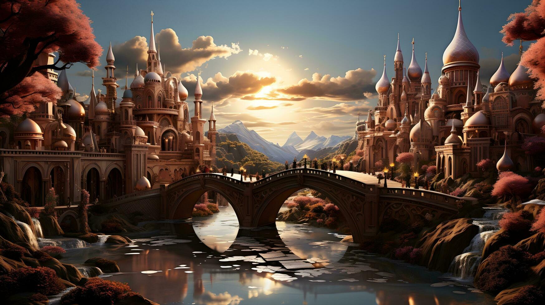 fantasy castle in the forest with a bridge. AI Generated photo