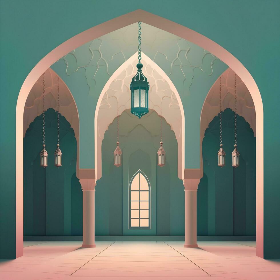 3D Mosque illustration for Eid Mubarak. Islamic Celebration. AI Generated photo