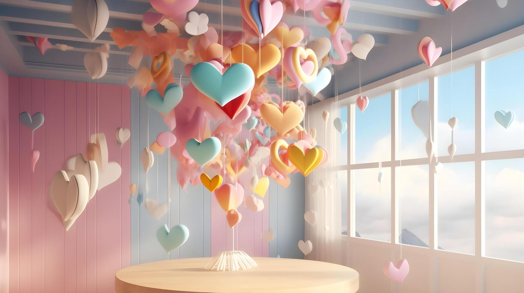 Whimsical Love. 3D Heart-Shaped Mobile for Joyful Valentine's Day. AI Generated photo