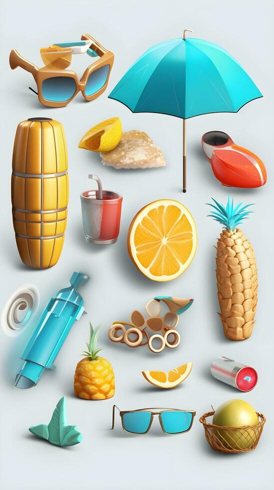 Tropical Escapes. Exquisite Collection of 3D Realistic Summer Icons. AI Generated photo