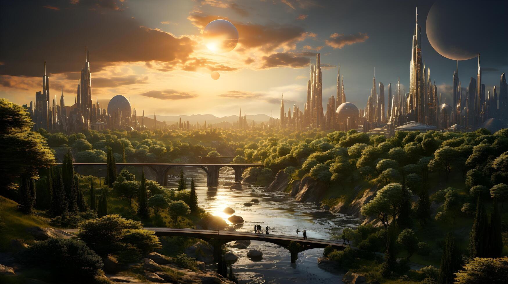The Enchanting Fusion. Forest and Futuristic Cityscape. photo